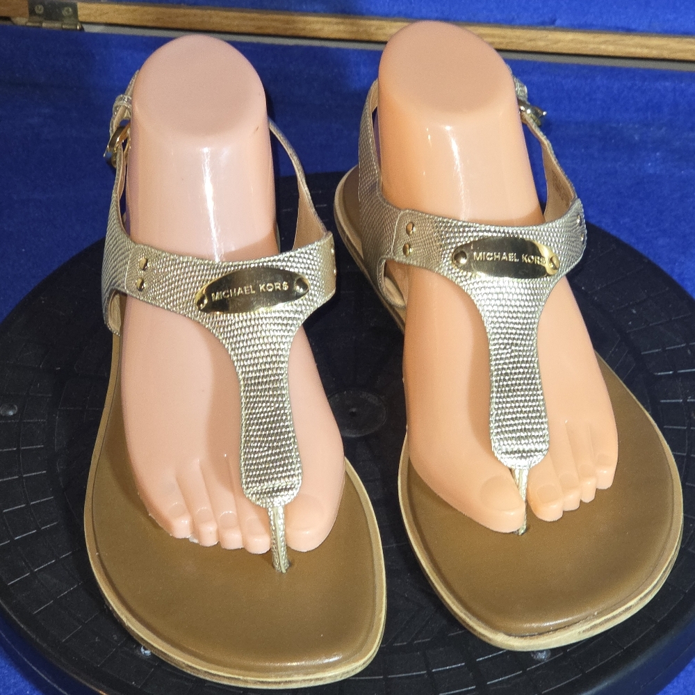 Michael Kors Gold & Brown MK Charm Logo T-Strap Sandals, Sz. 9.5M-US, 40-EU